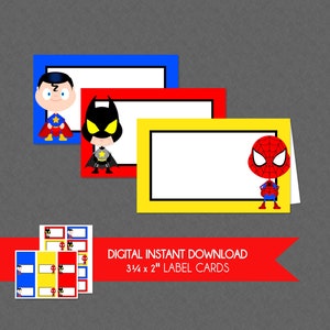 Superhelden Etikettenkarten - INSTANT DOWNLOAD - Superhelden Babyparty, Superheld, Essenskarten, Etikettenzelte, Namenskarten, Tischkarten