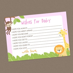 Advieskaarten jungle-wensen voor baby meisje - INSTANT DOWNLOAD - safari babyshower, advieskaart jungle douche, kaart babywensen, roze, dierentuin