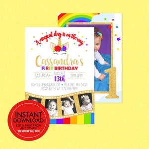 Bright Rainbow Unicorn Photo Birthday Invitation - EDITABLE INSTANT DOWNLOAD - Unicorn Birthday, Unicorn Picture Invites, Unicorn Photo