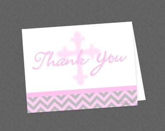 Pink Cross Thank You Card - INSTANT DOWNLOAD - Baptism, First Communion, Confirmation, Christening, Folded Thank You, Religious Thank You