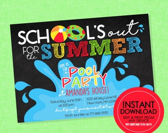 Summer Pool Party Chalkboard Invitation - EDITABLE INSTANT DOWNLOAD - End of School Party, End of School Invite, Pool Party, School is Out