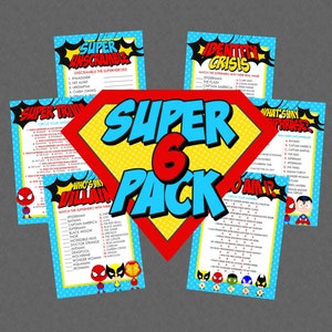 Super Six Superhero Game Pack - INSTANT DOWNLOAD - Superhero Party Games, Superheld Babyparty, Superheld Geburtstag, Superheld, Trivia