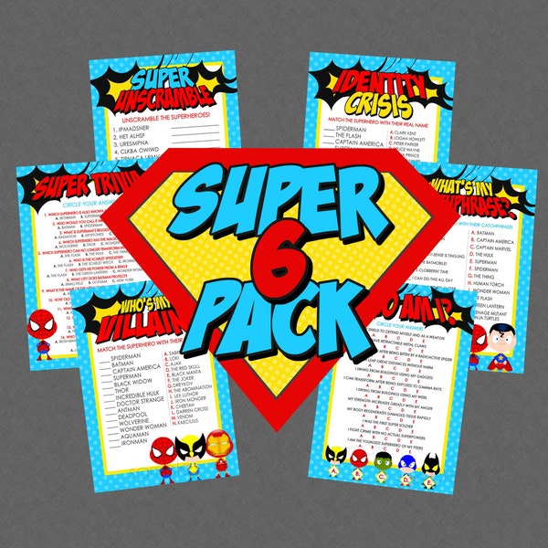 Super Six Superhero Game Pack - INSTANT DOWNLOAD - Superhero Party Games, Superhero Baby Shower, Superhero Birthday, Super Hero, Trivia