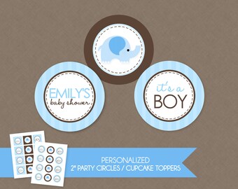 Blue Elephant Baby Shower Cupcake Toppers / Party Circles, Elephant Baby Shower, Brown and Blue, Decorations, Boy