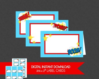 Superhero Label Cards - INSTANT DOWNLOAD - Superhero Birthday, Food Cards, Folding Label Tents, Name Tags, Place Cards, Superheroes Party