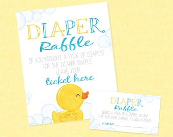 May include: Two white cards with blue and yellow text. The top card says "DIAPER Raffle" and has a yellow rubber duck illustration. The bottom card says "DIAPER Raffle" and has a line for a name. Both cards have a blue and white bubble background.