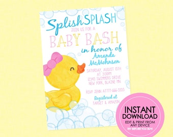 Girl Rubber Duck Baby Shower Invitation - EDITABLE INSTANT DOWNLOAD - Duck Baby Shower, Rubber Ducky, Duck Baby Shower Invites, Duckie, Pink