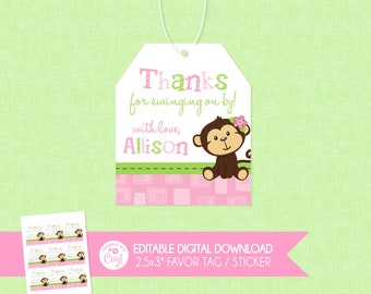Monkey Birthday Favor Tags - EDITABLE INSTANT DOWNLOAD - Monkey Girl, Monkey Favor Tag, Girly Monkey, Thank You Favor Tags, Pink Monkey
