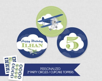 Airplane Birthday Cupcake Toppers / Party Circles, Airplane Birthday, Cupcake Toppers, Decorations, Vintage Airplane