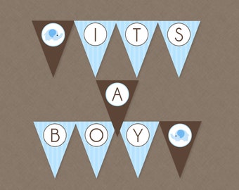 Blue Elephant Baby Shower Hanging Banner - INSTANT DOWNLOAD - Elephant Baby Shower, Elephant Baby Shower Banner, It's A Boy, Blue and Brown