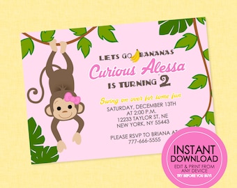 Girl Monkey Birthday Invitation - INSTANT DOWNLOAD - Edit & Print From Any Device, Monkey Birthday Invites, Girl Monkey Party, Pink