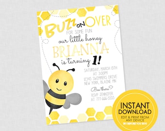 Bee Birthday Invitation - INSTANT DOWNLOAD - Edit & Print From Any Device, Bee Birthday Invitations, Bee 1st Birthday Invites, Little Honey