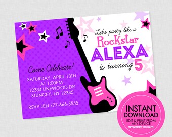 Rockstar Birthday Invite - Edit With Corjl - Girl Rockstar Birthday, Rockstar Party Invitation, Rock Star, Rocker Girl, Purple, Pink