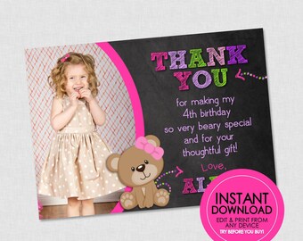 Teddy Bear Photo Thank You - EDITABLE INSTANT DOWNLOAD - Bear Birthday Thank You Card, Teddy Bear Thank You, Great For Build A Bear Parties