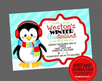 May include: A winter-themed invitation featuring a cartoon penguin wearing a red earmuffs and a colorful scarf. The invitation has the text "Weston's Winter Onederland" and event details. A red circle with "Instant Download" is in the corner.