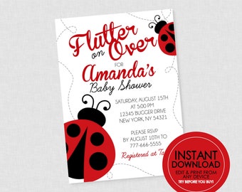 Invitación para baby shower de mariquita - DESCARGA INSTANTÁNEA EDITABLE - Invitaciones para baby shower de mariquita, Pequeña dama, Invitación para fiesta de mariquita