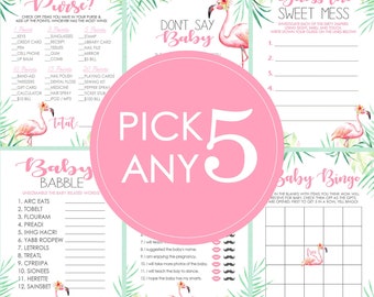 Flamingo Babyshower-spel - VÄLJ 5 VILKA SOM HELST - 30 spel att välja mellan - Tropiskt, Luau, Flamingle
