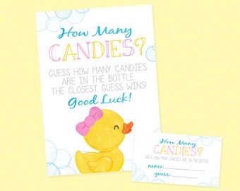 May include: A printable game card with a yellow rubber duck with a pink bow, surrounded by blue bubbles. The card says "How Many Candies?" and asks players to guess how many candies are in a bottle. The closest guess wins.