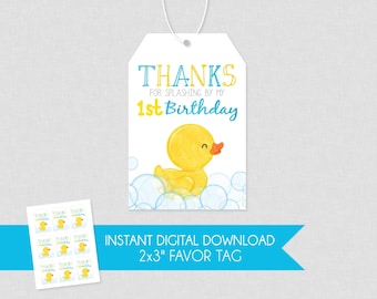 Rubber Duck Birthday Favor Tag - INSTANT DOWNLOAD - Duckie Birthday, Ducky Favor Tags, Thank You, 1st Birthday, Rubber Duckie, Boy, Splash