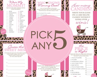 Leopard Baby Shower Games - PICK ANY 5 - 30 Games To Choose From - Leopard Baby Shower, Leopard, Pink, Girl Shower Games, Cheetah, Guess Who