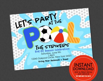 Soccer Pool Party Invitation - EDITABLE INSTANT DOWNLOAD - Soccer Pool Party, Soccer Team, End of Year Sports Pool Party Invite
