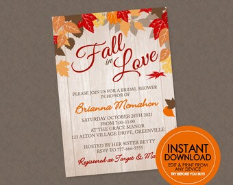 Fall in Love Bridal Shower Invitation - EDITABLE INSTANT DOWNLOAD - Fall Shower Invites, Fall Wedding Shower Invite, Fall Engagement Party