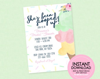 Ice Cream Bridal Shower Invitation  - EDITABLE INSTANT DOWNLOAD - Ice Cream Shower Invite, Scooped Up, Ice Cream Bridal Shower, Wedding