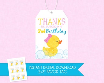 Girl Rubber Duck Birthday Favor Tag - INSTANT DOWNLOAD - Duckie Birthday, Ducky Favor Tags, Thank You, 2nd Birthday, Rubber Duckie, Pink