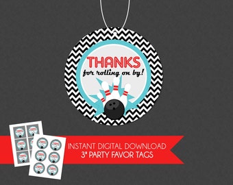 Retro Bowling Thank You Favor Tag - INSTANT DOWNLOAD - Bowling Birthday Tags, Thanks For Rolling On By, Bowling Party Thank You Tags