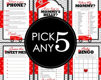 Puede incluir: Un conjunto de juegos de baby shower imprimibles con un tema de camión de bomberos. Los juegos incluyen "What's in your phone?", "Guess the Sweet Mess", "How big is Mommy's Belly?", "Who's My Mommy?" y "Baby Bingo".