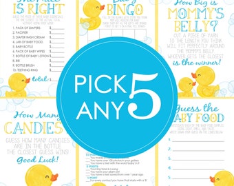 May include: A set of printable baby shower game cards featuring a yellow rubber ducky theme. The games include "The Price is Right", "Baby Bingo", "How Big is Mommy's Belly?", "How Many Candies", and "Guess the Baby Food".