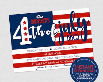 4th of July Flag Invitation - Editable Instant Download - 4th of July Party, BBQ, 4th of July Invite, Barbecue, American Flag, Annual Party