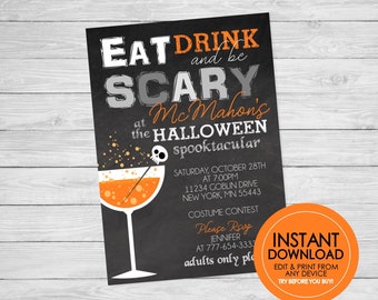 May include: Halloween party invitation with the text "EAT DRINK and be SCARY". The invitation includes a cocktail graphic and event details. A round orange sticker with the words "INSTANT DOWNLOAD" is in the lower right corner.