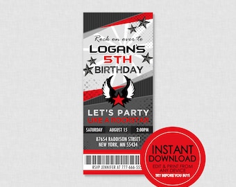 Rockstar Ticket Geburtstagseinladung - EDITIERBARER INSTANT DOWNLOAD - Rockstar Geburtstag, Rockstar Party Einladung, Rockstar, Ticket, Rot, Junge