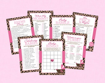 Pacote de Jogos para Chá de Bebê com Tema de Leopardo - DOWNLOAD INSTANTÂNEO - Jogos para Chá de Bebê de Menina, Chá de Bebê com Tema de Leopardo, Jogos para Bebê com Tema de Leopardo, Estampa Animal, Rosa