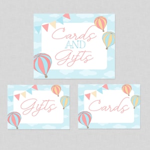 Cartões e placas de presentes para chá de bebê com balões de ar quente - DOWNLOAD INSTANTÂNEO - Placa de cartões com balões, placa de presentes com balões, pastel