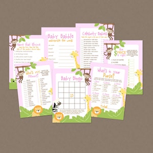 Sweet Safari Baby Shower Game Pack - INSTANT DOWNLOAD - Jungle Shower Games, Safari Baby Shower, Jungle Baby Games, Animals, Zoo, Pink