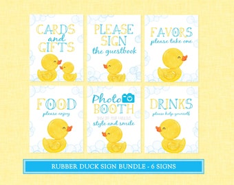 May include: A set of six rectangular signs featuring yellow rubber duck illustrations and light blue bubble patterns. The text includes CARDS and GIFTS, PLEASE SIGN the guestbook, FAVORS please take one, FOOD please enjoy, Photo BOOTH, and DRINKS please help yourself.