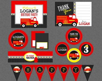 Firetruck Birthday Mega Party Pack, Firetruck Birthday, Fire Truck Party Decorations, Banner, Water Wrappers, Cupcake Toppers, Favor Tags