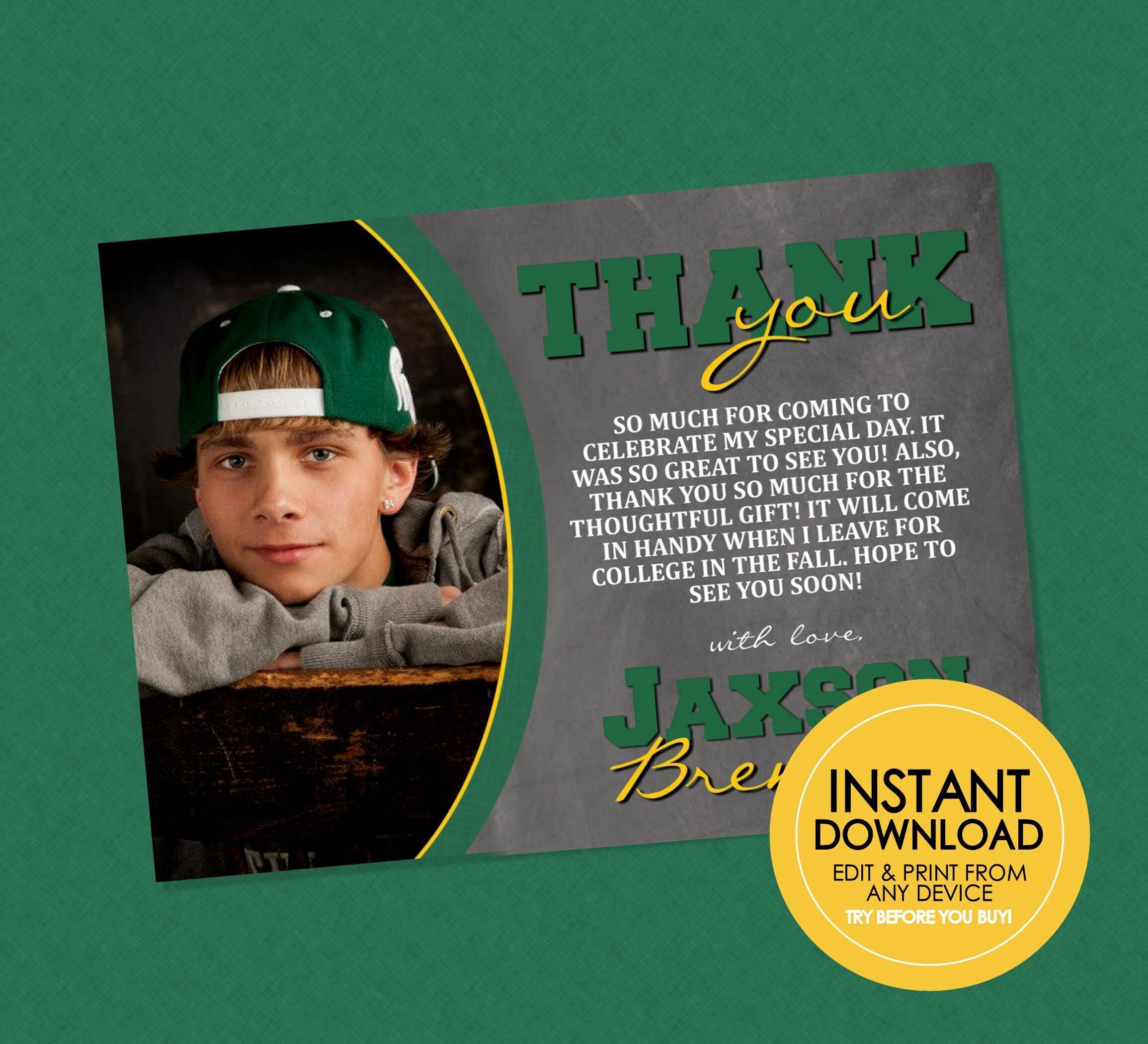Green & Gold Graduation Chalkboard Thank You Card - EDITABLE INSTANT DOWNLOAD - Graduation Thank You, Graduation Photo Thank You Cards