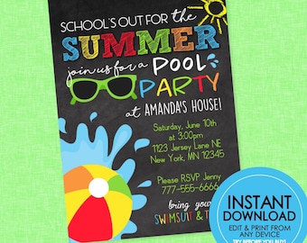 School is Out Summer Pool Party Chalkboard Invitation - EDITABLE INSTANT DOWNLOAD - End of School Party, End of School Invite, Pool Party