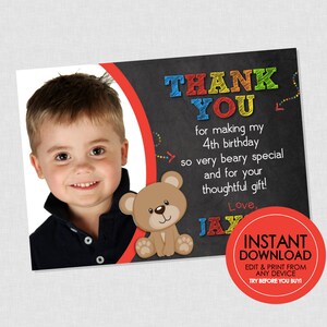 Teddy Bear Photo Thank You - EDITABLE INSTANT DOWNLOAD - Bear Birthday Thank You Card, Teddy Bear Thank You, Great For Build A Bear Parties