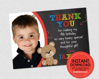 Teddy Bear Photo Thank You - EDITABLE INSTANT DOWNLOAD - Bear Birthday Thank You Card, Teddy Bear Thank You, Great For Build A Bear Parties