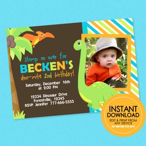 Dinosaur Birthday Invitation - EDITABLE INSTANT DOWNLOAD - Dinosaur Photo Birthday Invites, Dinosaur Birthday Party, Dinosaur Picture Invite