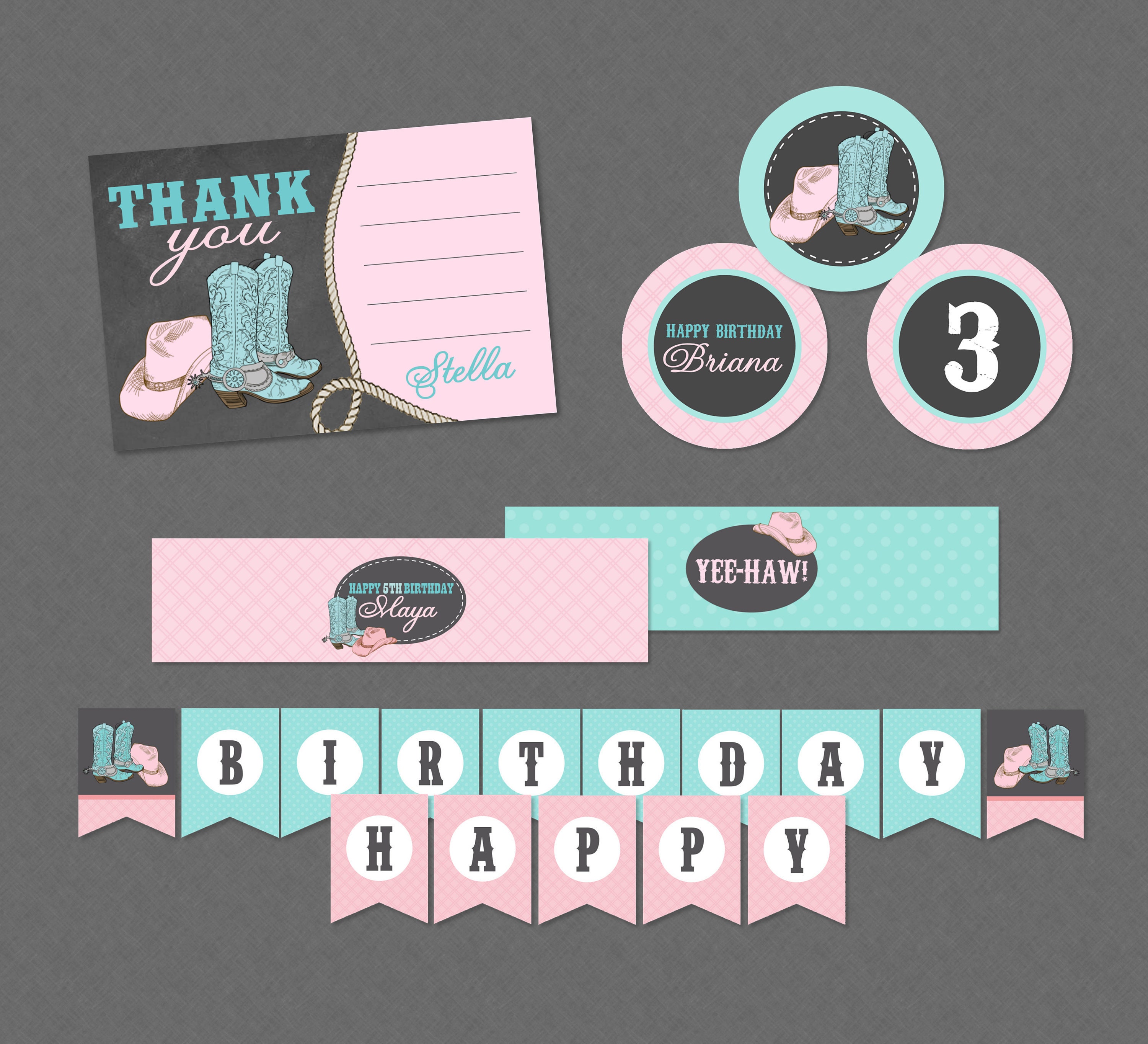Cowgirl Mini Party Pack Rustic Cowgirl Birthday Cowgirl Party Decorations Banner Water Wrappers Cupcake Toppers Thank You