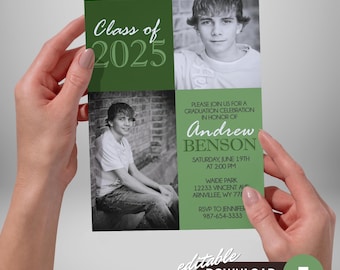 May include: Green and white graduation invitation with a photo of a young man. The invitation says "Class of 2025" and "Please join us for a graduation celebration in honor of Andrew Benson".