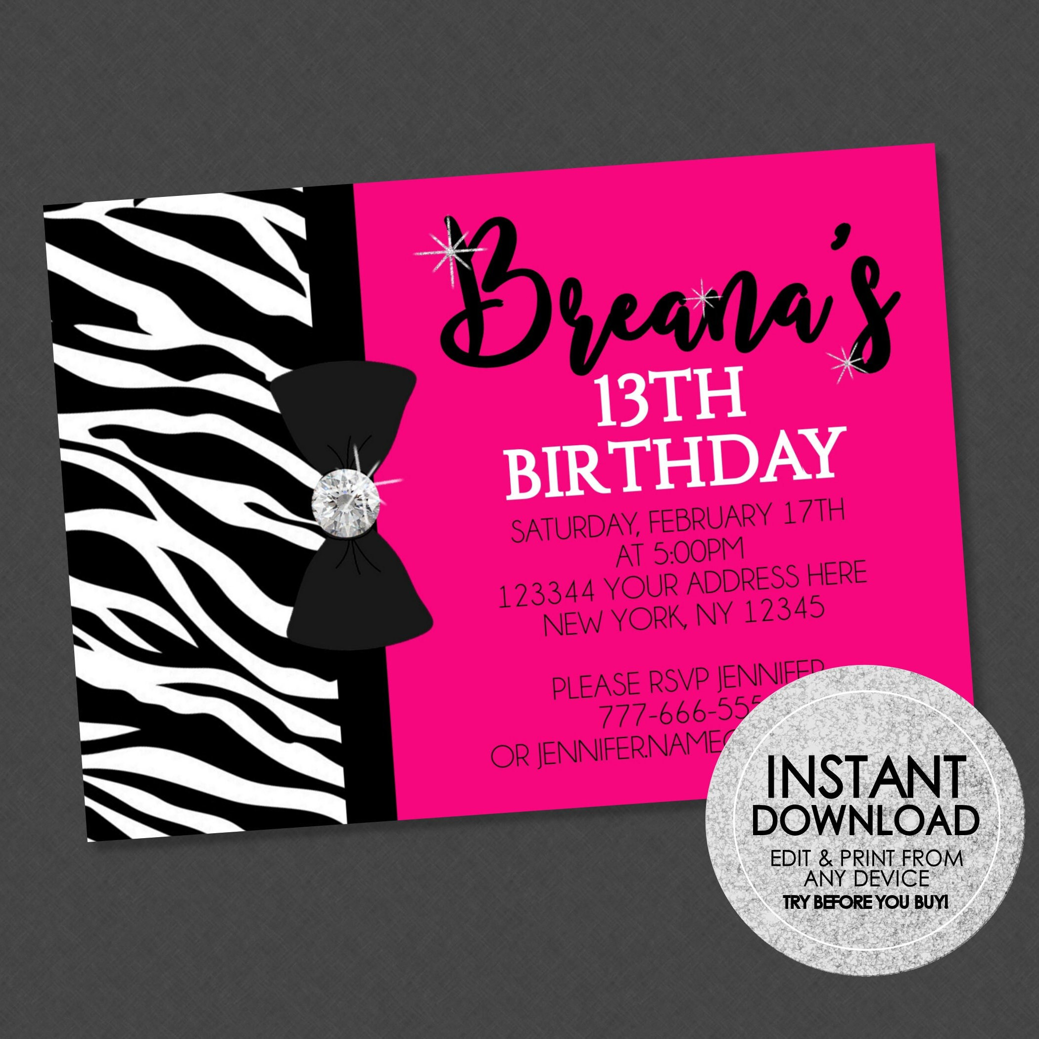 Hot Pink & Zebra Birthday Invite - EDITABLE INSTANT DOWNLOAD