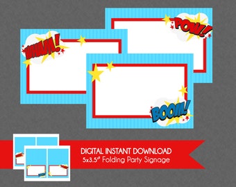 Superhero Label Tents - INSTANT DOWNLOAD - Superhero Birthday, Food Cards, Folding Label Tents, Food Labels, Place Cards, Superheroes Party