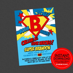 Superhero Birthday Invites  - EDITABLE INSTANT DOWNLOAD - Superhero Party Invitation, Superhero Emblem Invite, Comic Superhero, Boom, Pow