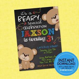 Teddy Bear Birthday Invitation - EDITABLE INSTANT DOWNLOAD - Bear Birthday Invitations, Teddy Bear Party, Great For Build A Bear Parties